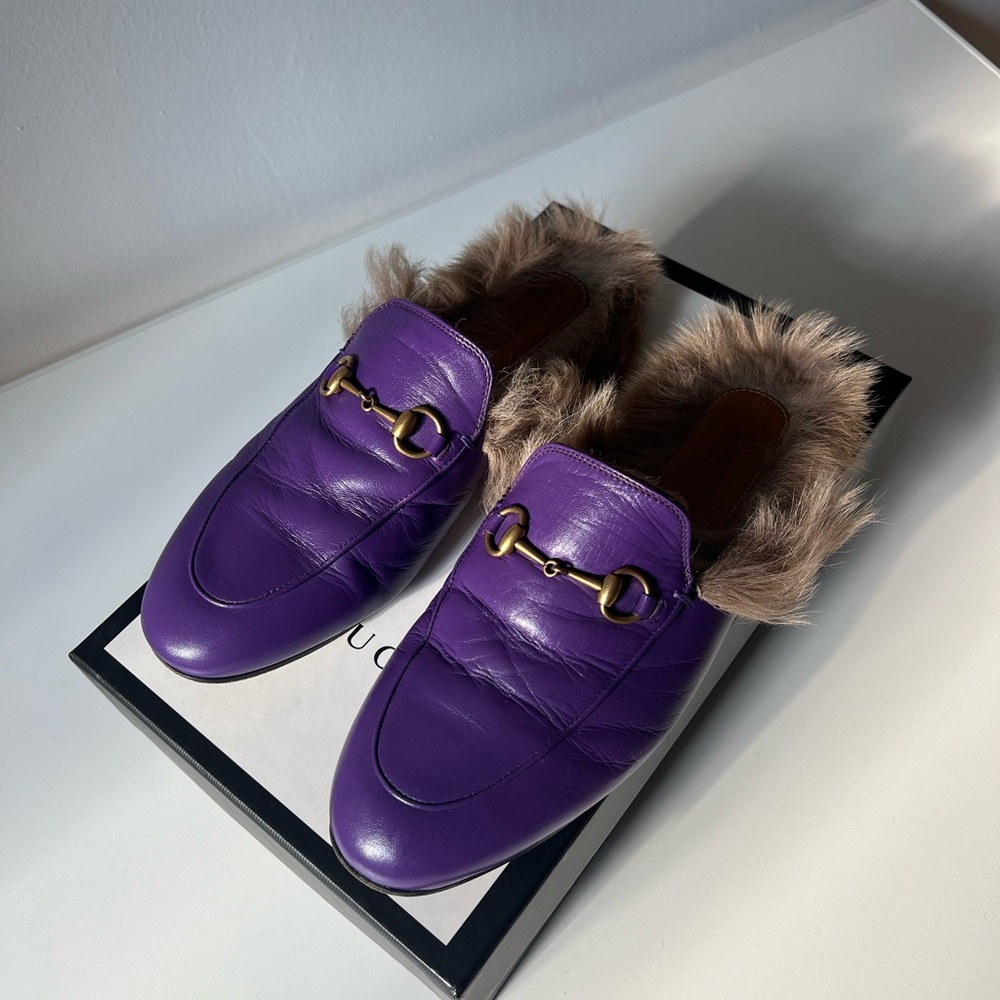 Gucci Purple Princeton Flats with natural beige lamb Fur Lining size 39 US 8.5